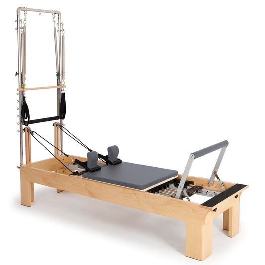 Elina Pilates Wooden Fisio Tower Reformer full view, rock maple finish