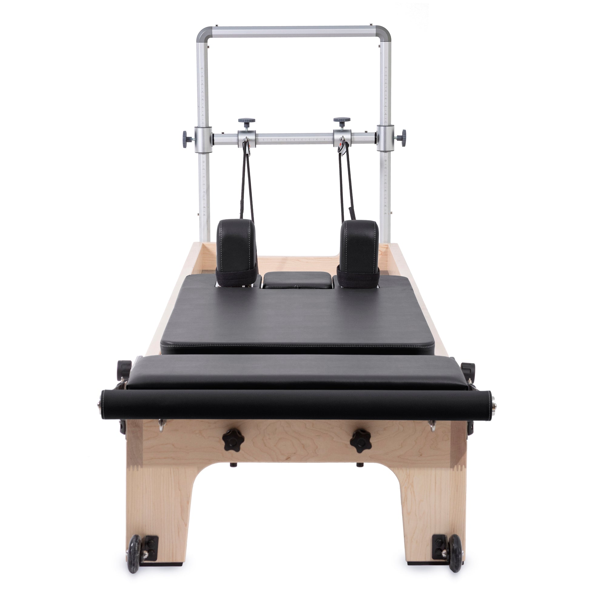 Front view of Elina Pilates Master Instructor™ Reformer with Mini-Tower and maple wood finish