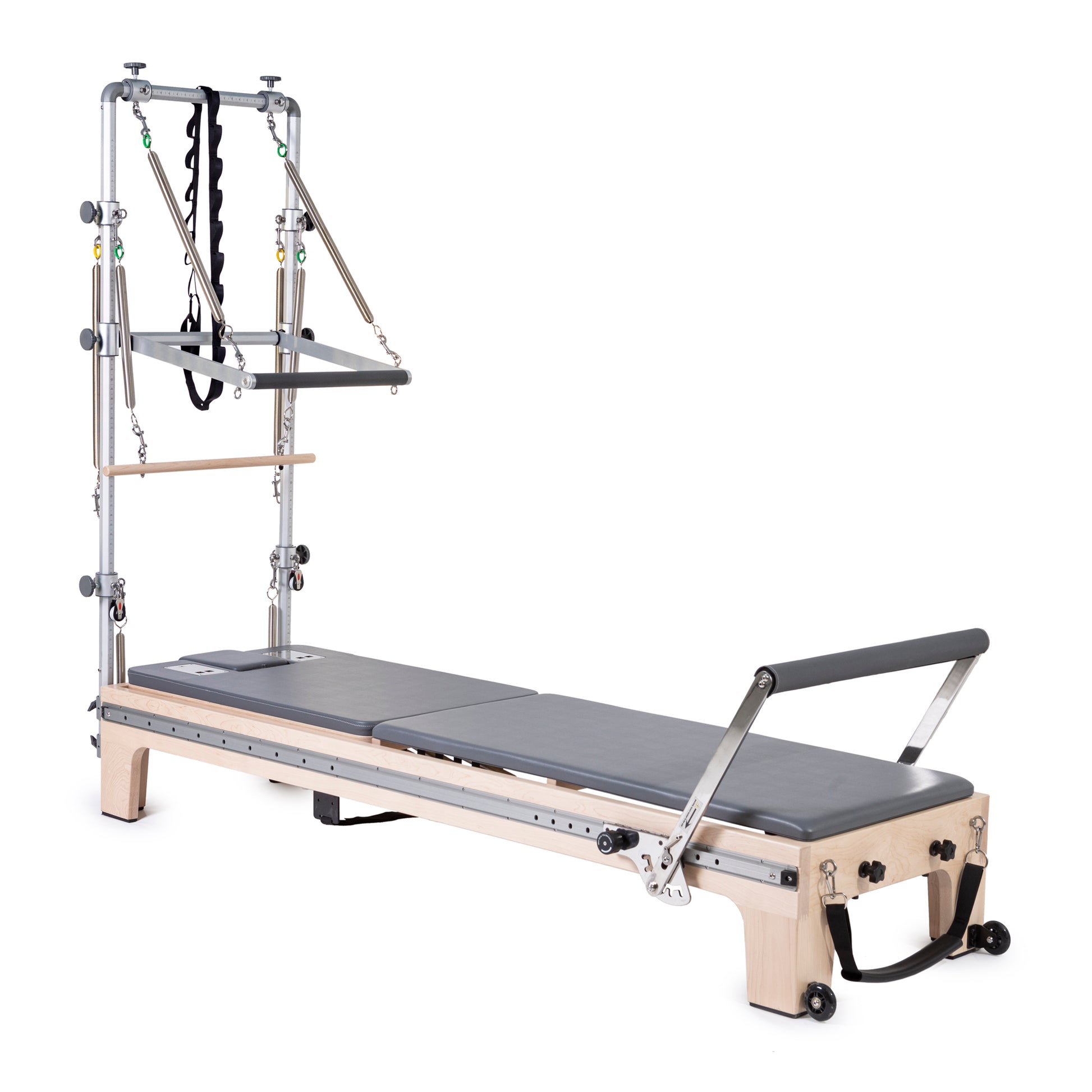Full view of Elina Pilates Master Instructor™ Reformer with Tower in grey upholstery
