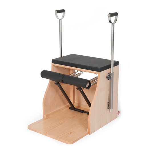 Elina Pilates Wood Combo Chair – front view with handles and dual pedals