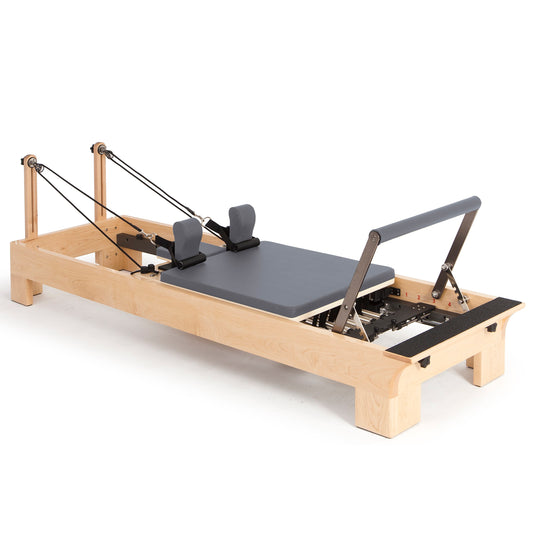 Elina Pilates Wood Reformer – full view of solid rock maple frame and carriage.