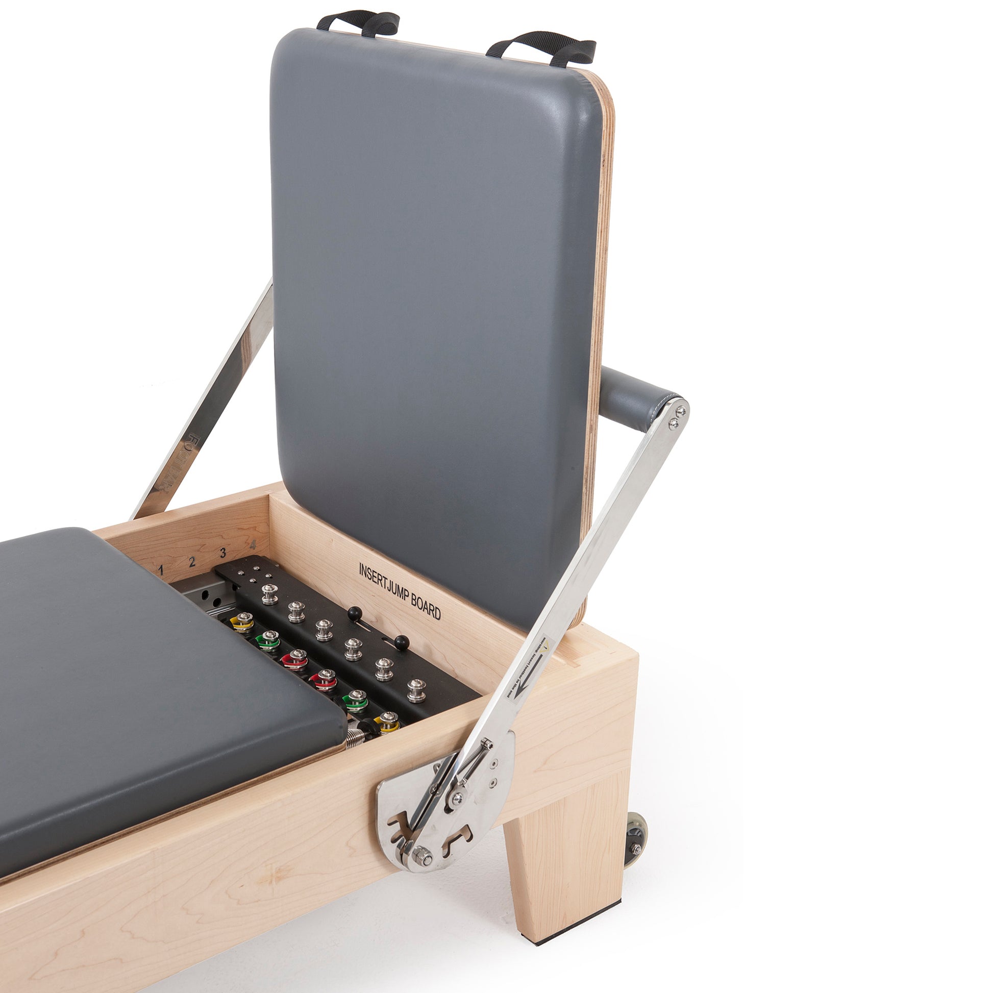 Close-up of adjustable footbar on Elina Pilates Wood Reformer with Tower Pro for customized Pilates workouts.
