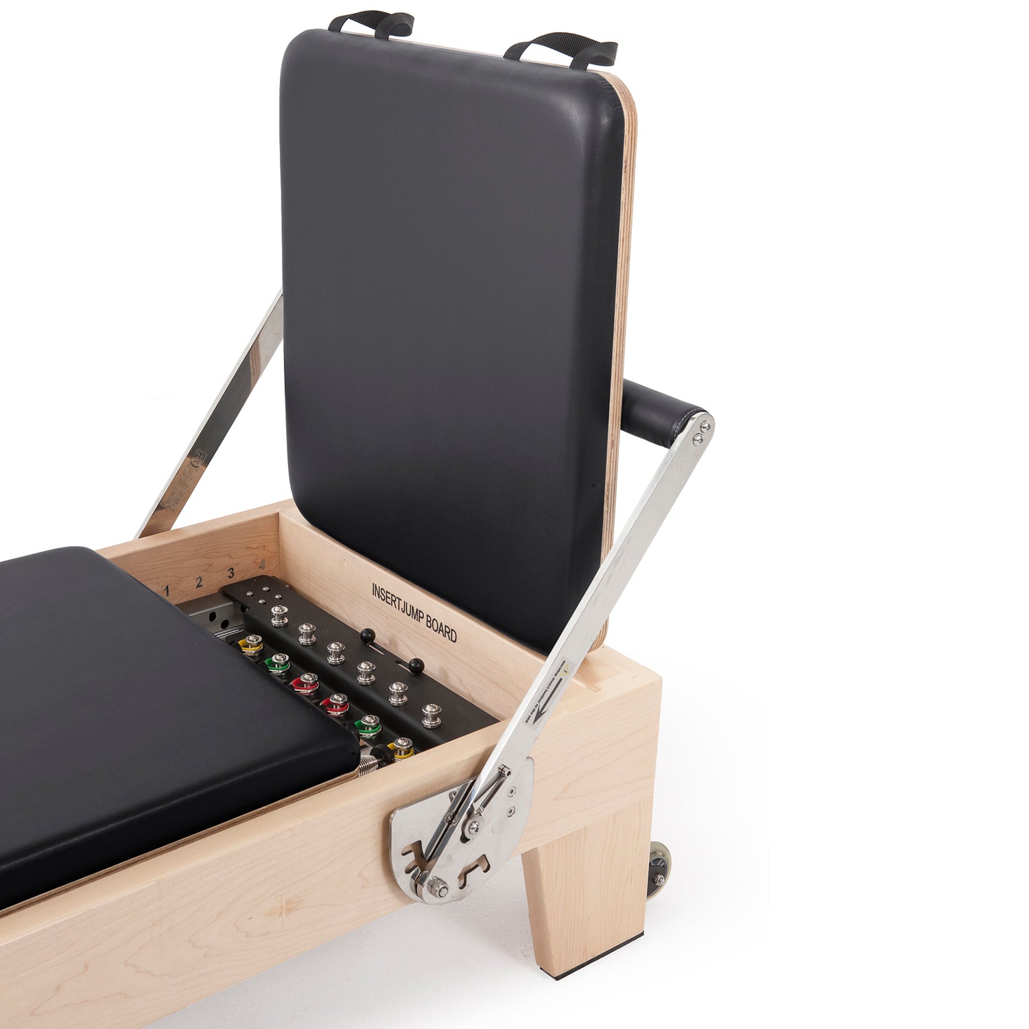 Close-up of adjustable footbar on Elina Pilates Wood Reformer with Tower Pro for customized Pilates workouts.