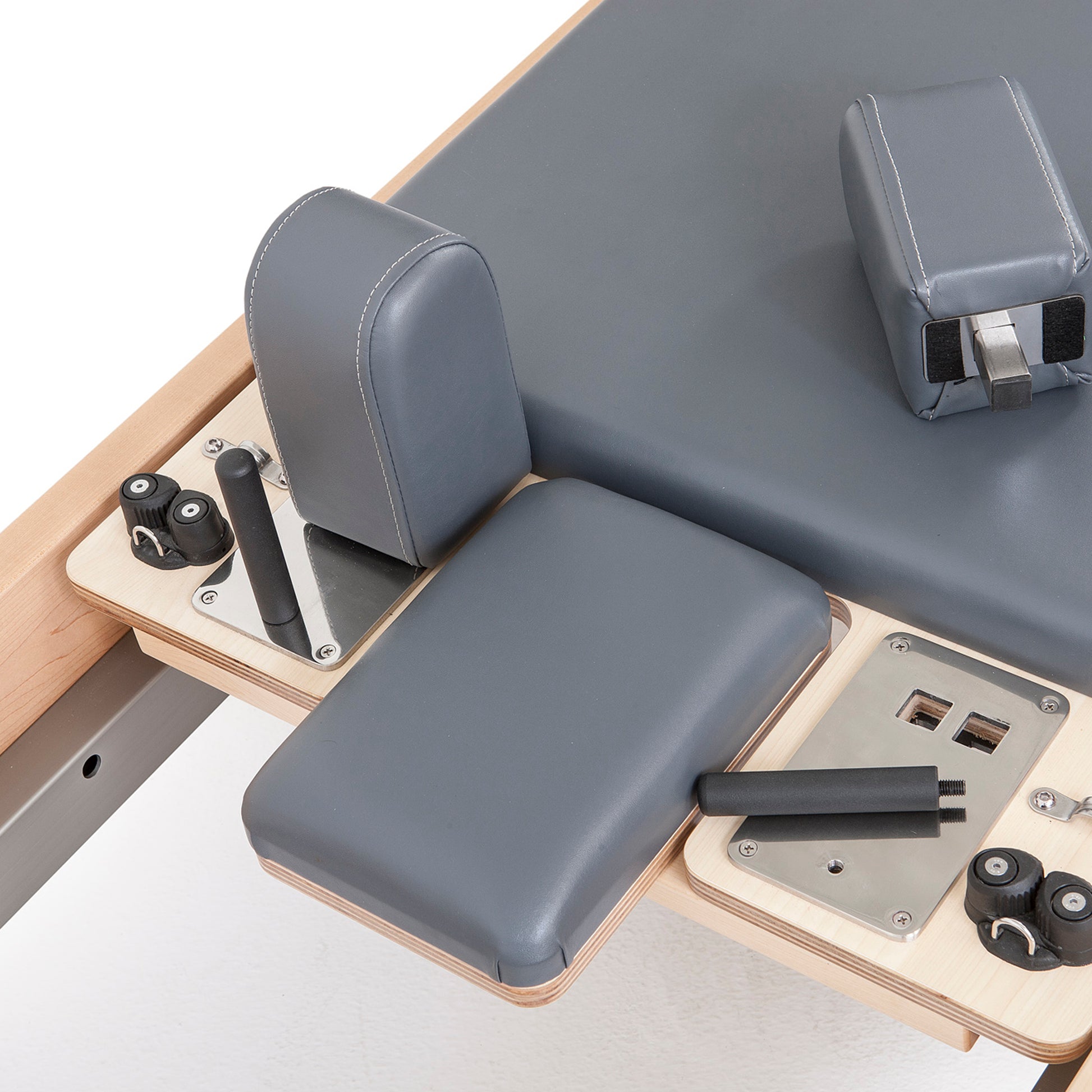 Ergonomic shoulder rests on Elina Pilates Wood Reformer with Tower Pro for comfort and stability during exercises.
