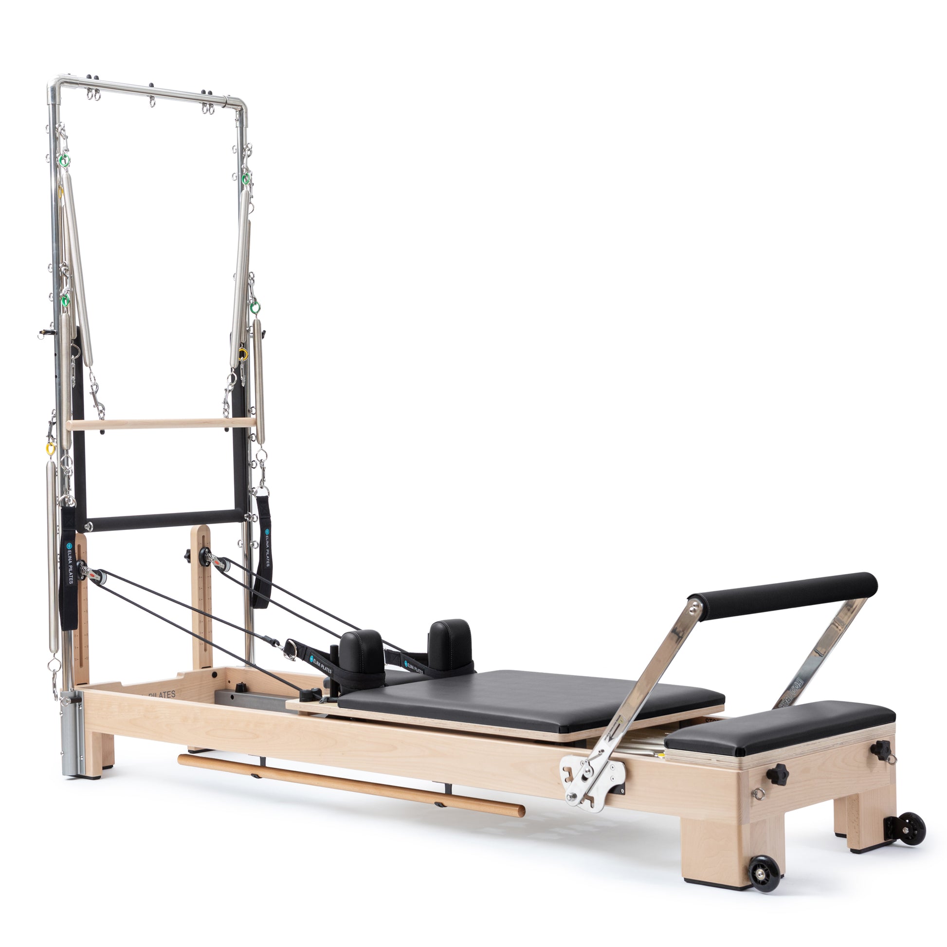 Elina Pilates Wooden Reformer Lignum with Tower in black upholstery, front view showing solid wood frame and stainless steel tower.