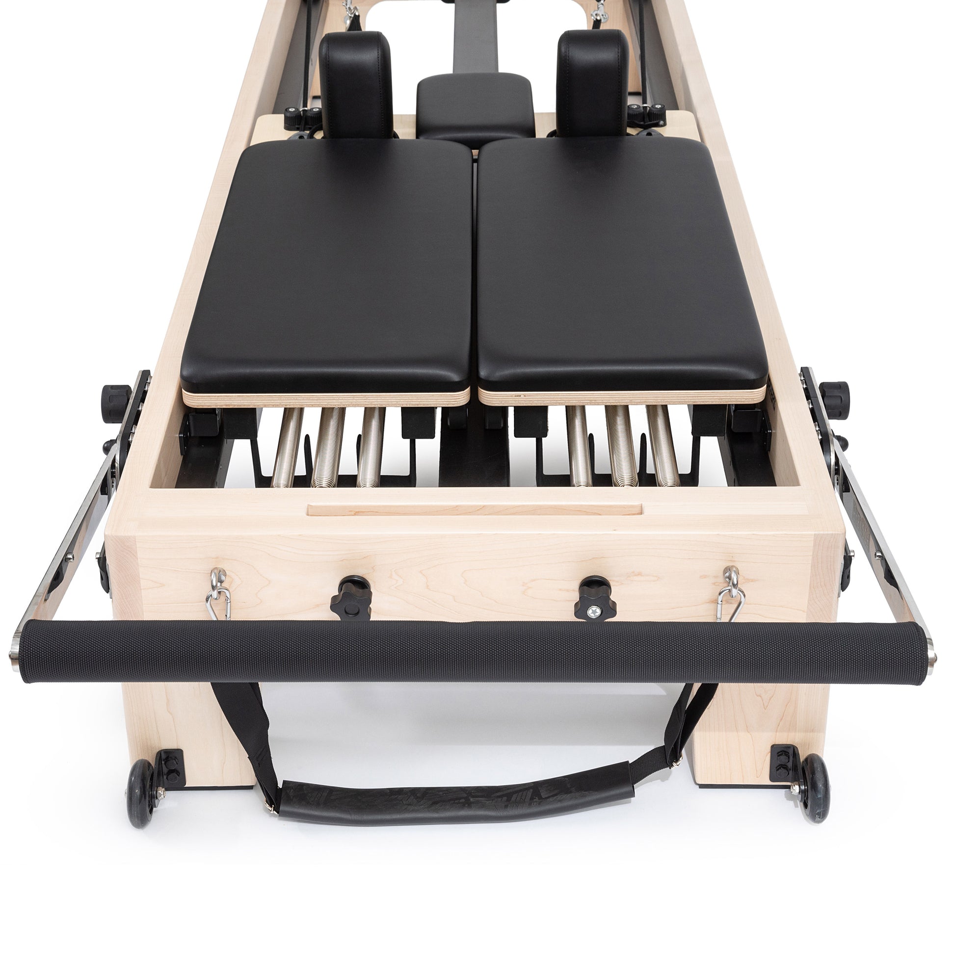 Quick-release footbar on Elina Reformer — shows multiple vertical and horizontal position settings