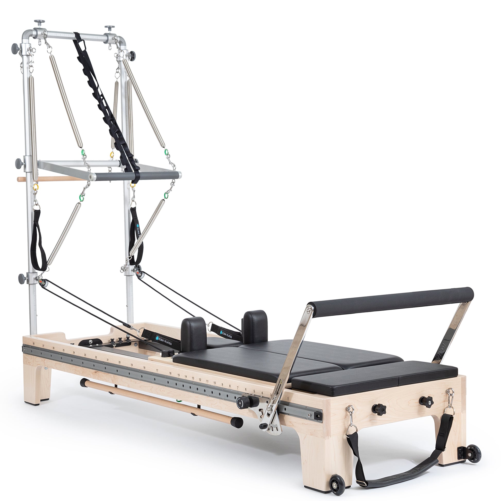 Elina Pilates Twin Reformer with Tower in Black — full front view showing double carriages and tower