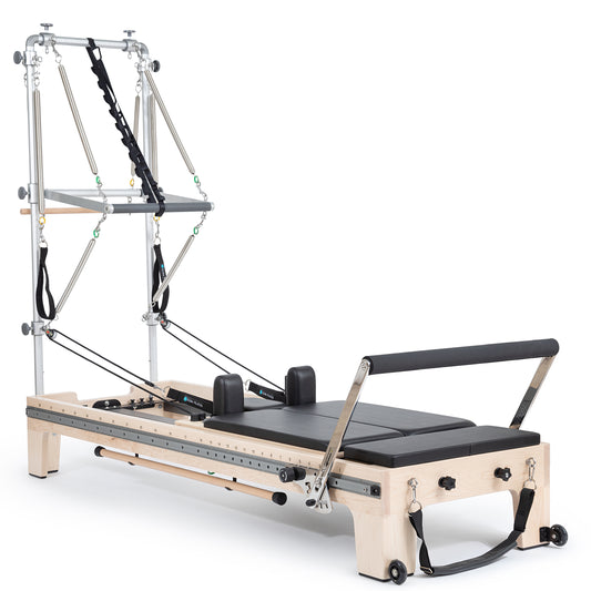 Elina Pilates Twin Reformer with Tower in Black — full front view showing double carriages and tower