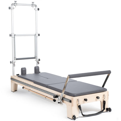 Elina Pilates Twin Reformer with Tower in Grey — full front view showing double carriages and tower