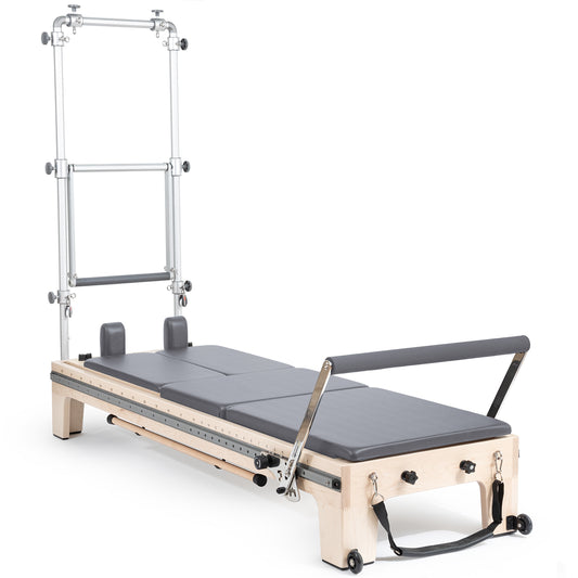 Elina Pilates Twin Reformer with Tower in Grey — full front view showing double carriages and tower