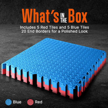 Set of 10 red and blue EVA foam interlocking tiles for exercise and gym flooring