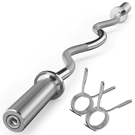 FEIERDUN 47 inch Olympic EZ curl bar chrome barbell for 2 inch weight plates with 500 lb capacity