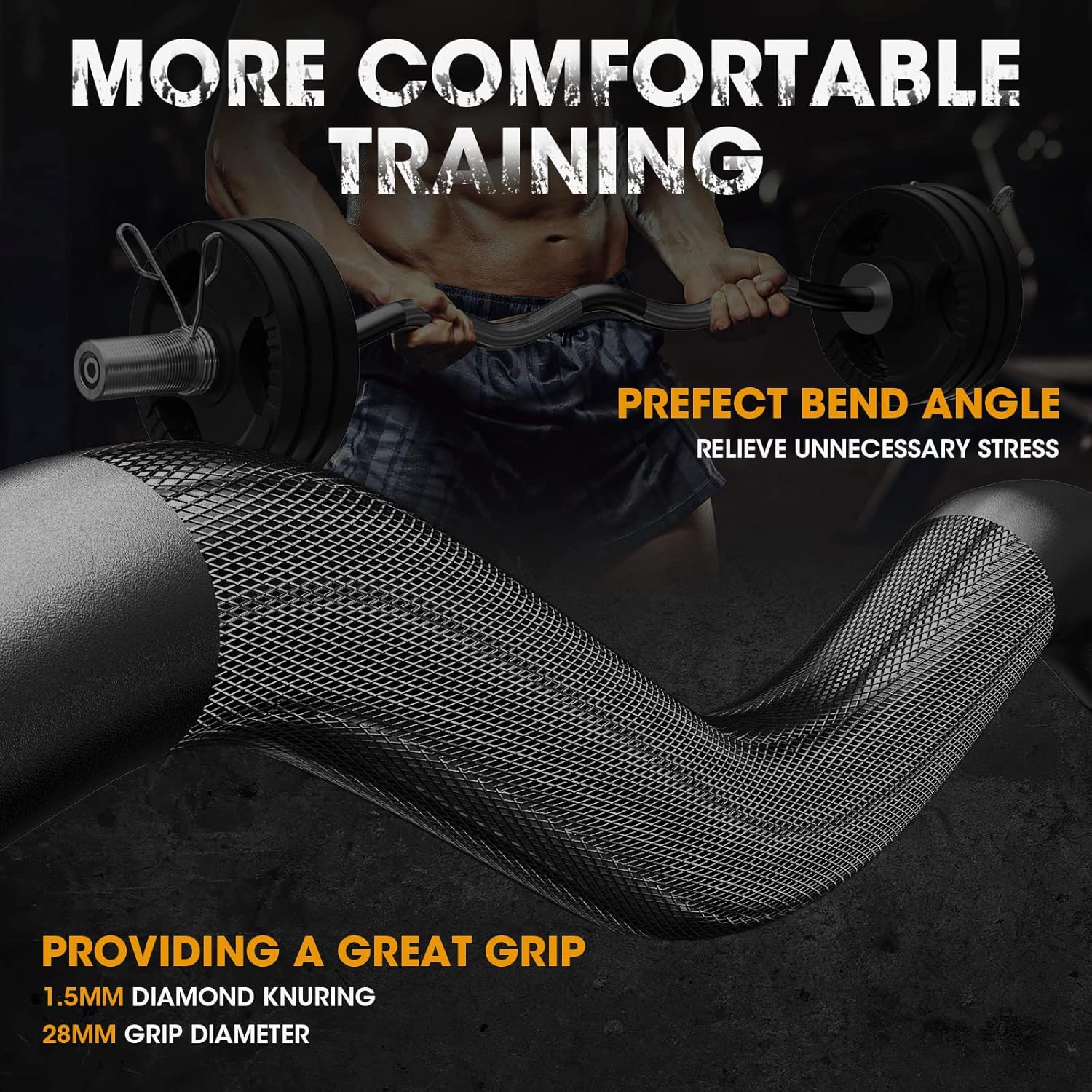 Detailed image of curved angle grip on FEIERDUN 47 inch Olympic curl bar for secure hold