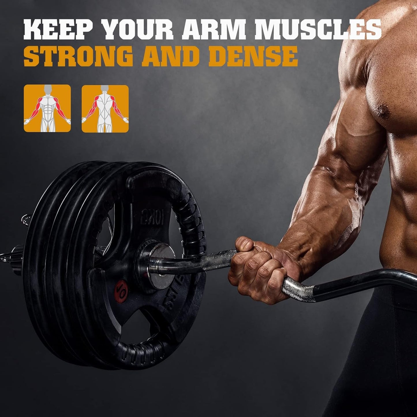 Athlete lifting FEIERDUN EZ curl bar in a home gym setting for arm workouts