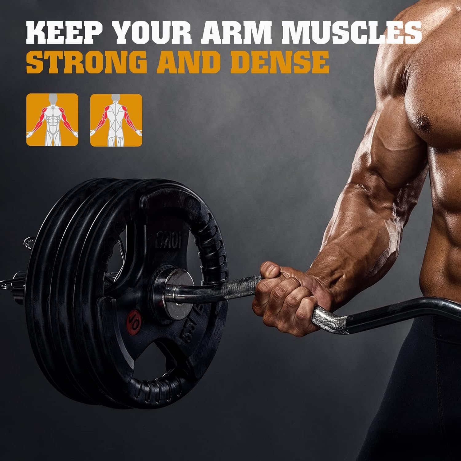 Athlete lifting FEIERDUN EZ curl bar in a home gym setting for arm workouts