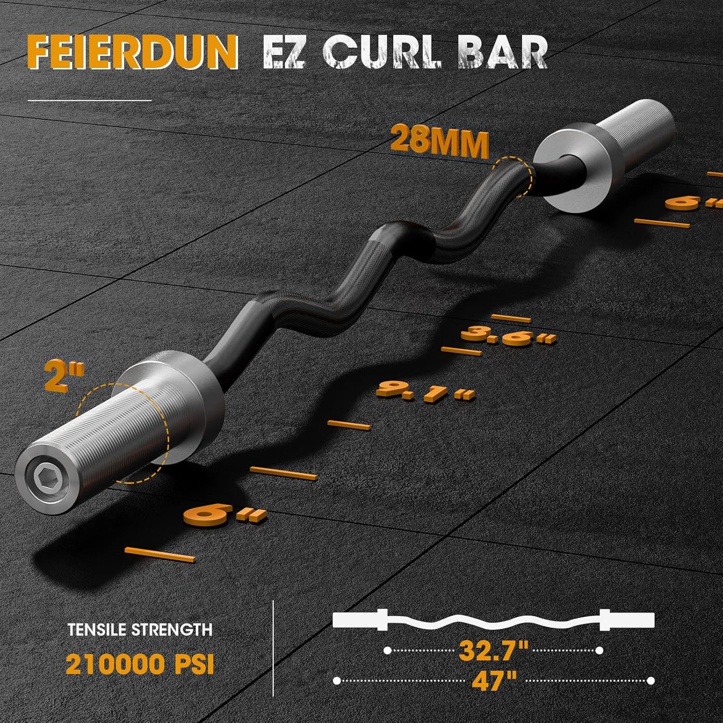 Diagram showing full 47 inch length and dimensions of FEIERDUN EZ curl barbell
