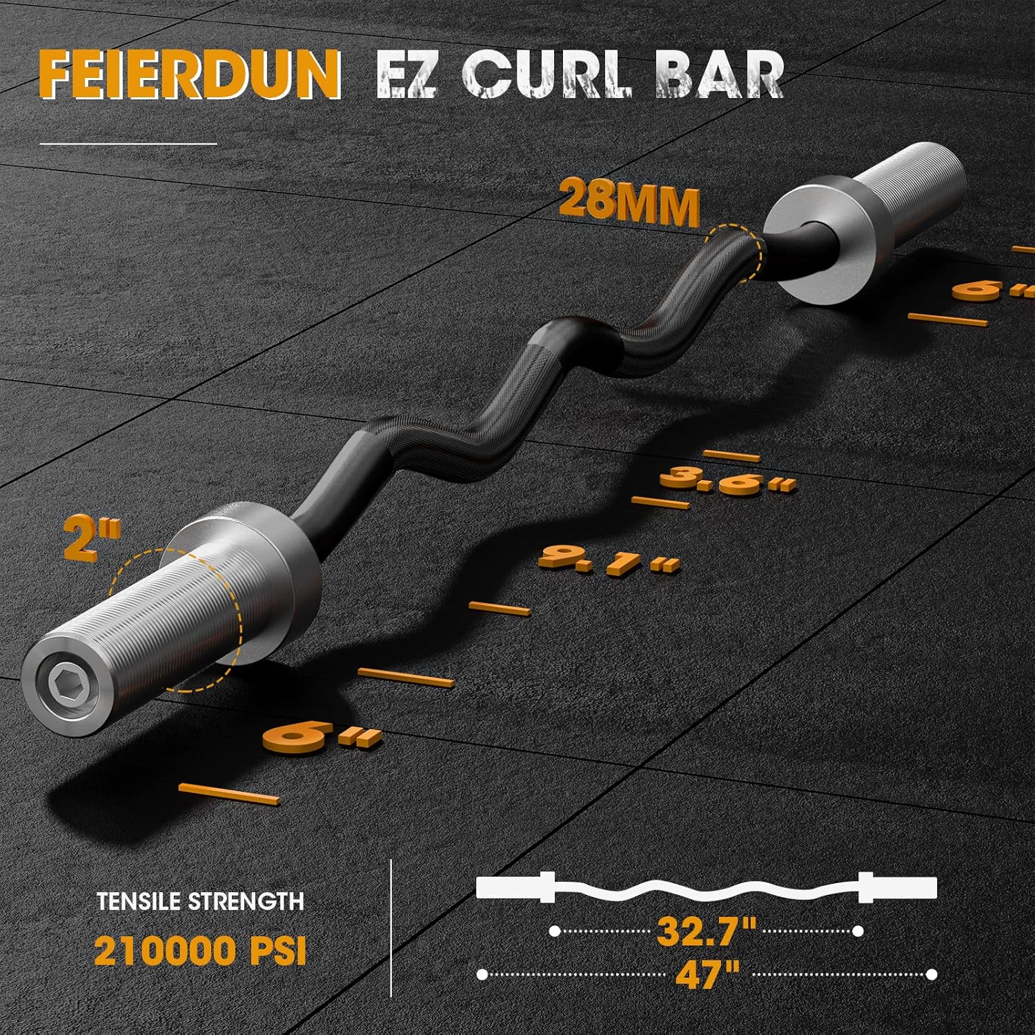 Diagram showing full 47 inch length and dimensions of FEIERDUN EZ curl barbell