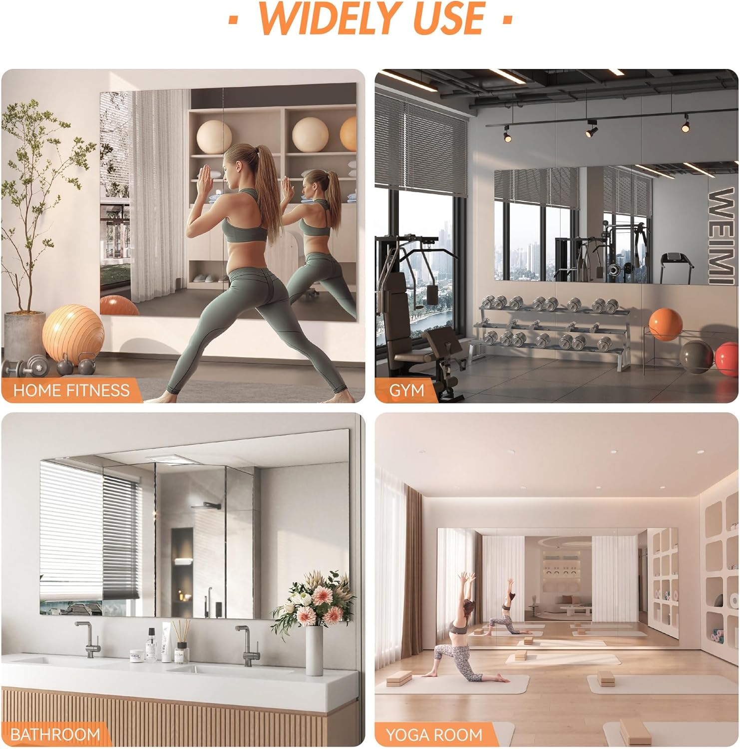 Collage showing Hasipu mirror used in bedroom, hallway, home gym, and studio for versatile decor and function