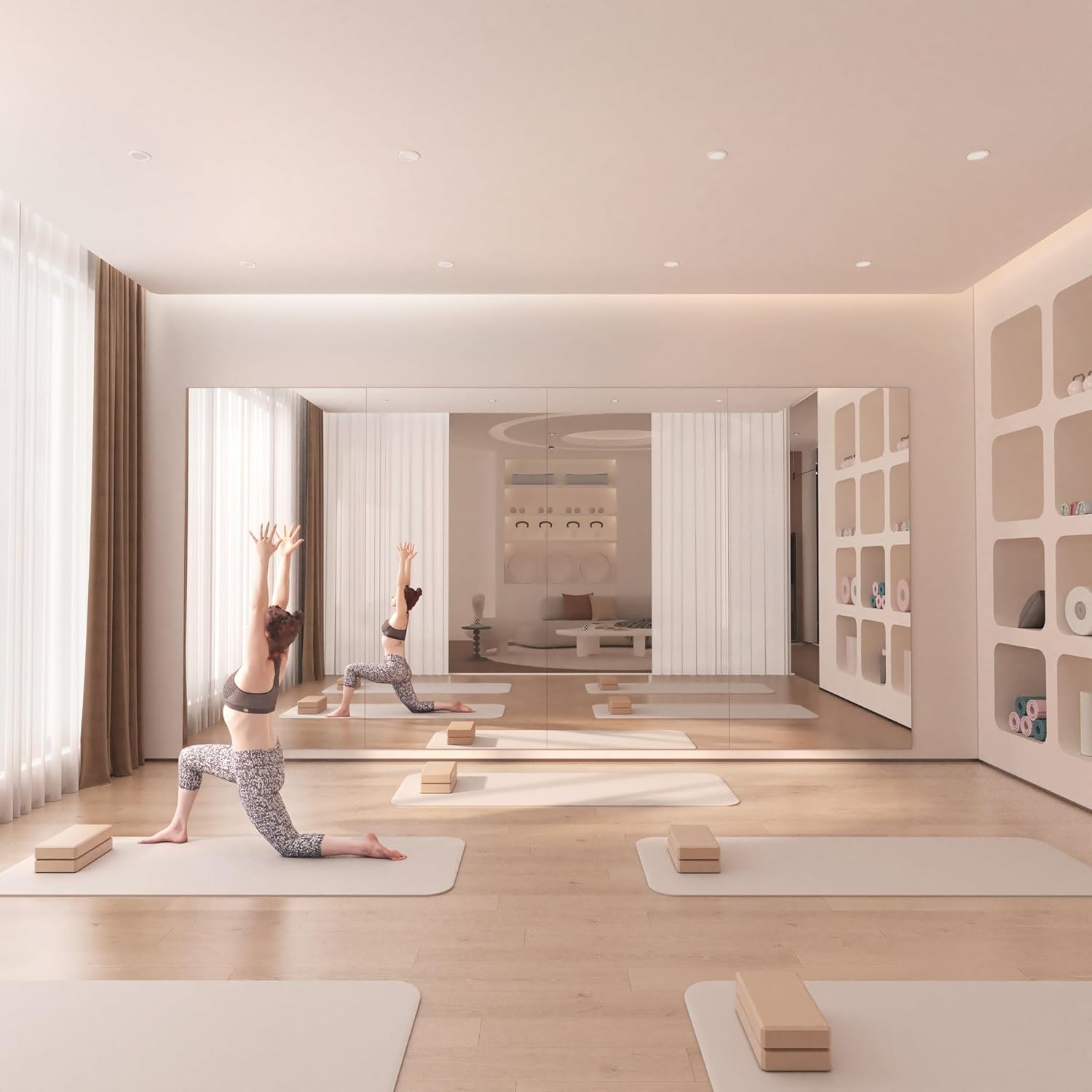 Hasipu wall-mounted mirror used in a bright yoga or dance studio space with hardwood flooring