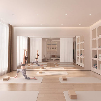 Hasipu wall-mounted mirror used in a bright yoga or dance studio space with hardwood flooring