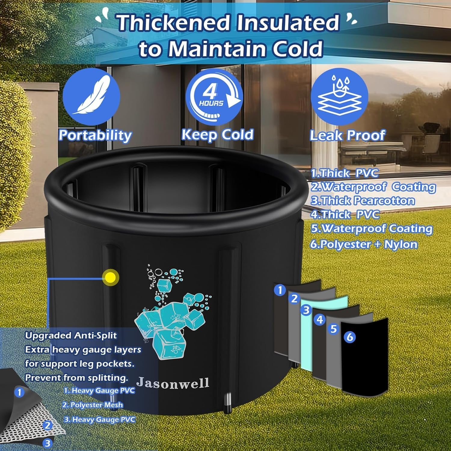 Jasonwell Ice Bath Tub with thick PVC sturdy design and waterproof coating.