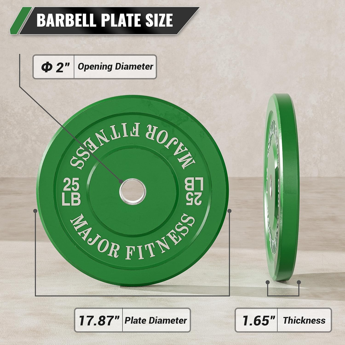 25 LB Pair of Major Fitness Low Bounce Bumper Plates Olympic Weight Plates designed to fit 2 inch barbell