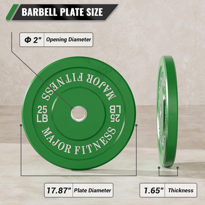 25 LB Pair of Major Fitness Low Bounce Bumper Plates Olympic Weight Plates designed to fit 2 inch barbell