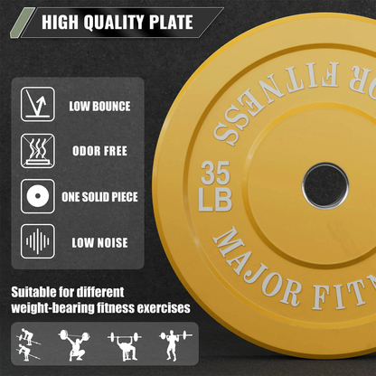 35 LB Pair of Major Fitness Low Bounce Bumper Plates Olympic Weight Plates design from high-density, low bounce and low odor rubber construction
