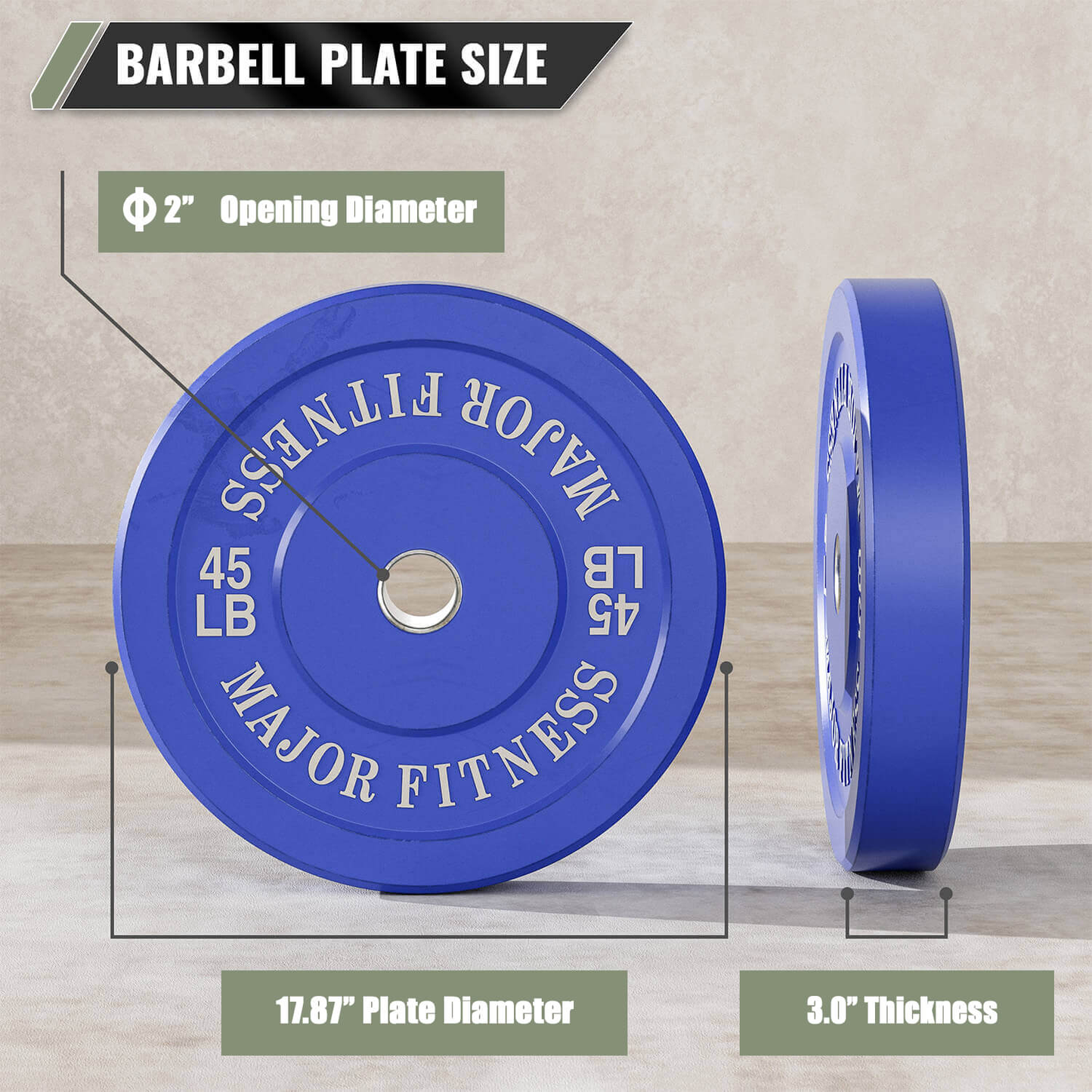 45 LB Pair of Major Fitness Low Bounce Bumper Plates Olympic Weight Plates designed to fit 2 inch barbell