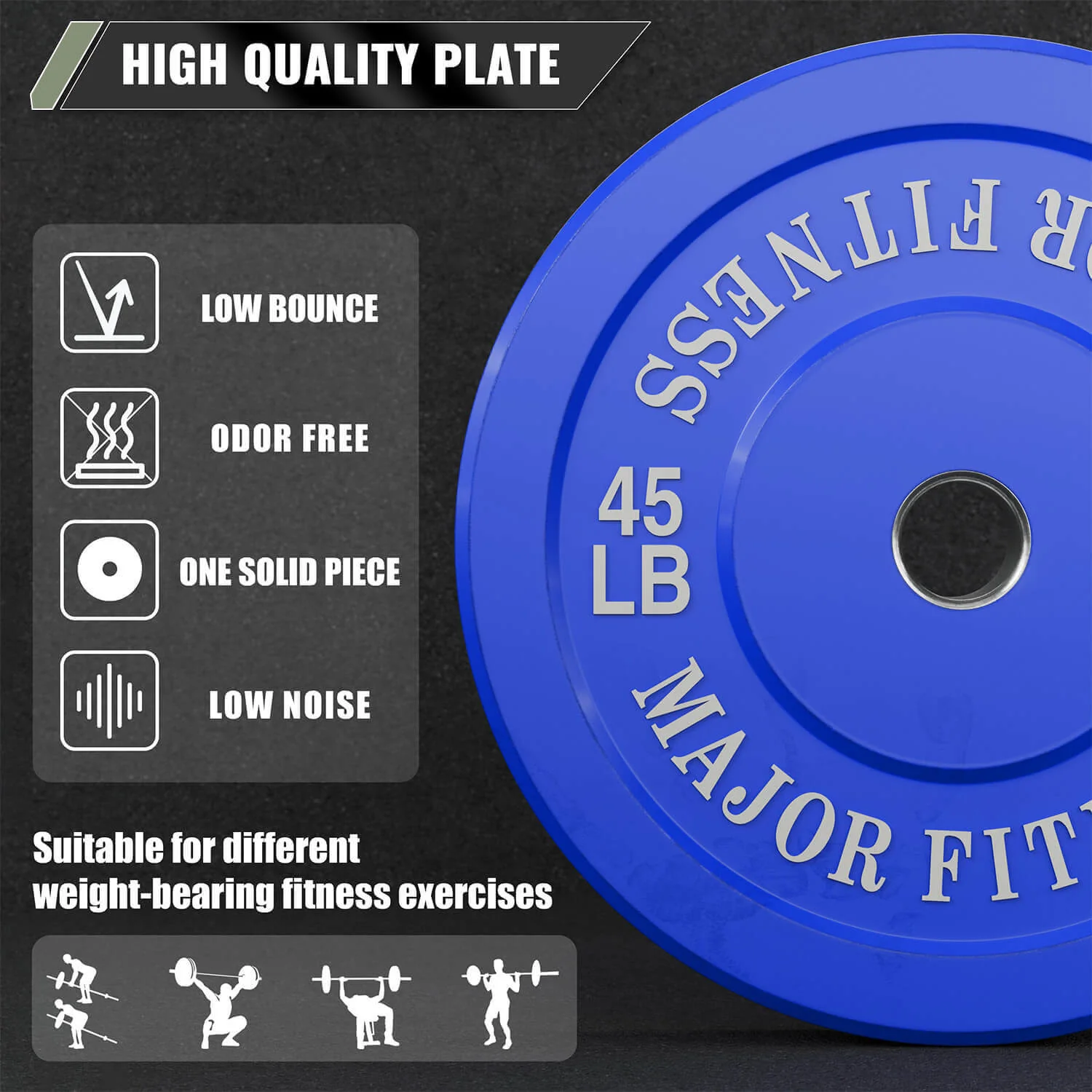 45 LB Pair of Major Fitness Low Bounce Bumper Plates Olympic Weight Plates design from high-density, low bounce and low odor rubber construction