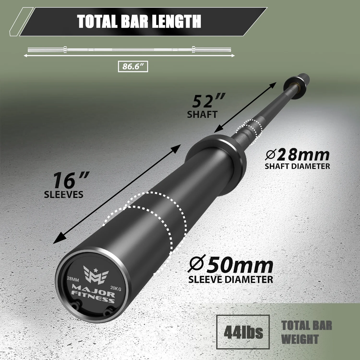 Major Fitness 7FT Olympic Barbell chrome-plated sleeve with smooth rotation