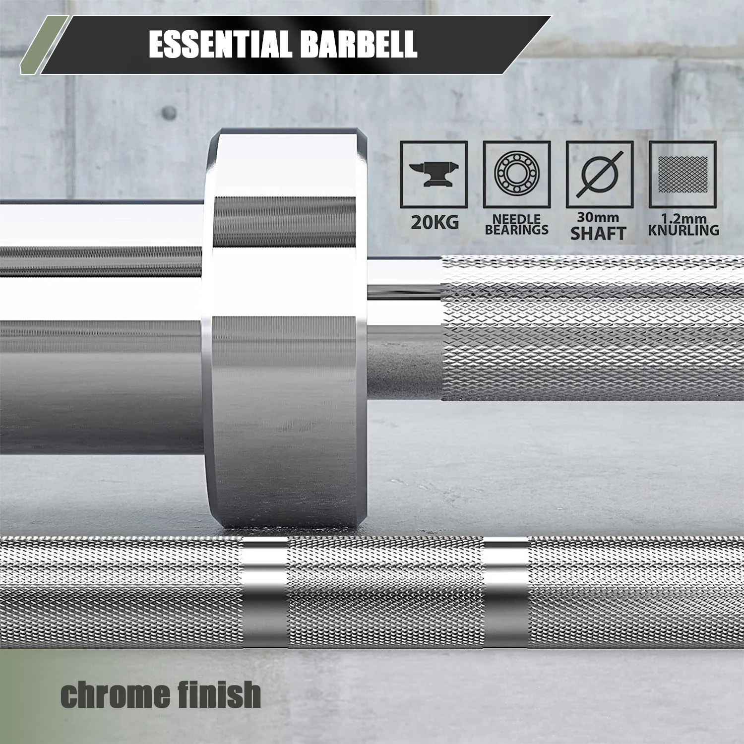 Major Fitness 7FT Olympic Barbell with chrome finish and knurled grip