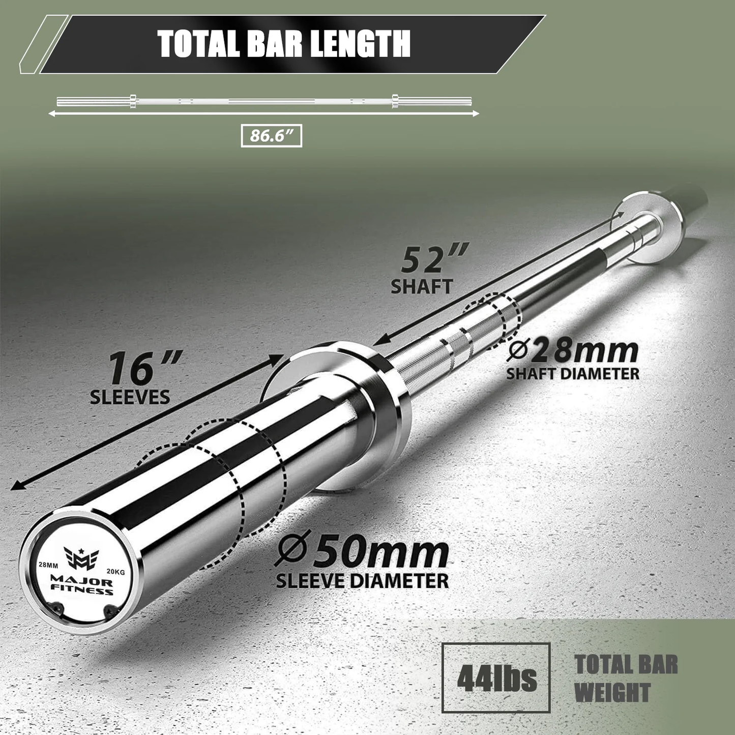 Major Fitness 7FT Olympic Barbell chrome-plated sleeve with smooth rotation