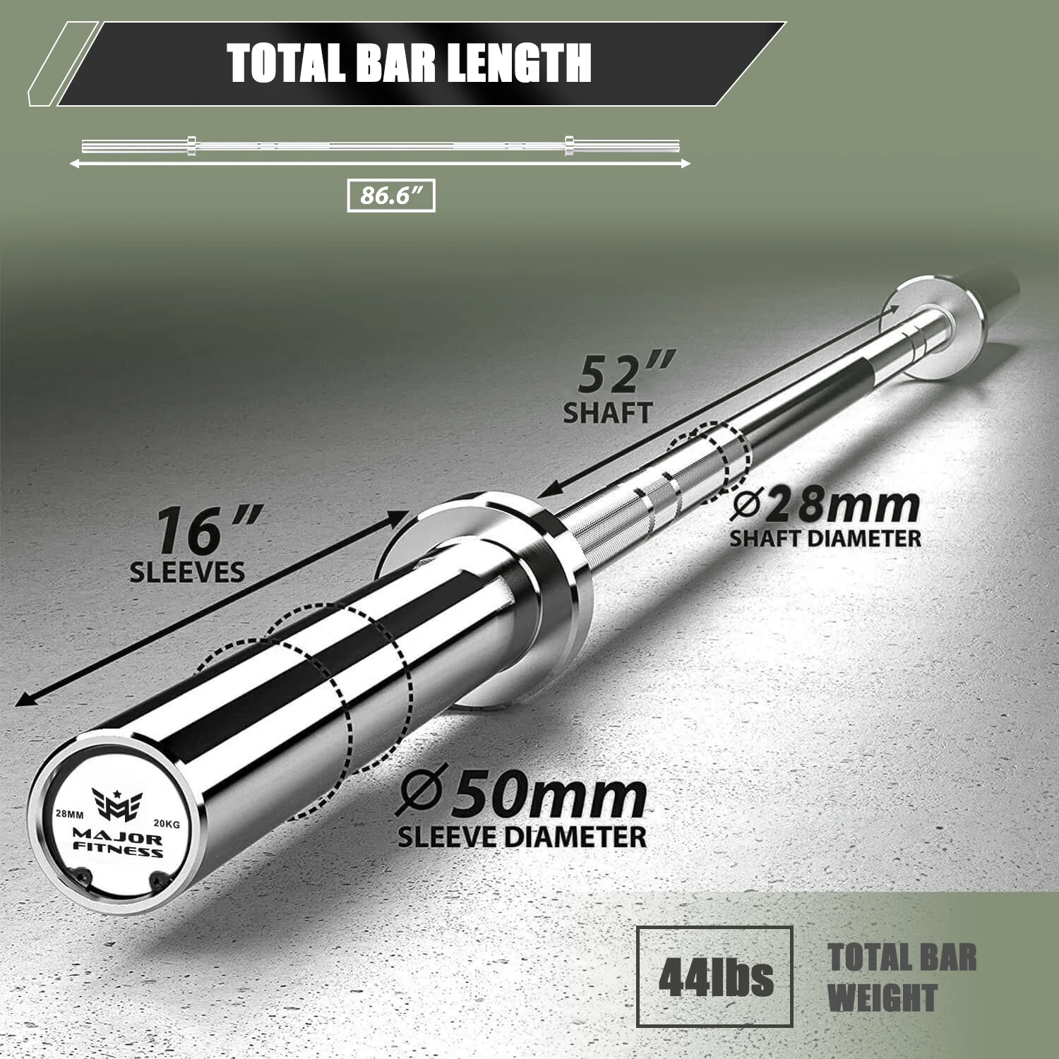 Major Fitness 7FT Olympic Barbell chrome-plated sleeve with smooth rotation