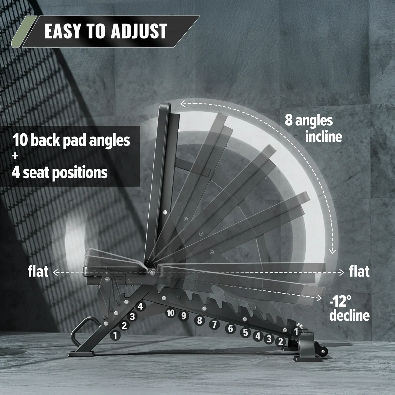 Major Fitness PLT01 Adjustable Weight Bench easy adjustable design with 10 back pad angles and 4 seat positions