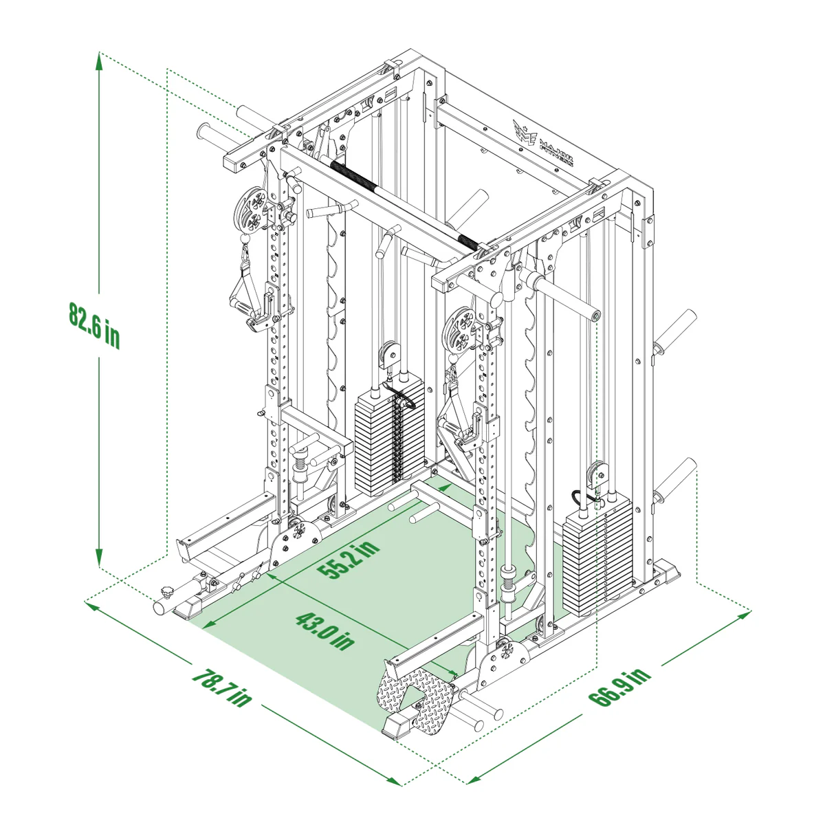 Dimensions for the MAJOR FITNESS B52 All-in-One Home Gym Smith Machine