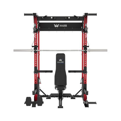 Major Fitness F22 Pro All-In-One Home Gym Deluxe Bundle – Power Rack + Weight Bench + 320LB Olympic Plates Set + 7FT Barbell Bar | Combat Red