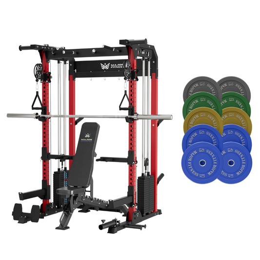 Major Fitness F22 Pro All-In-One Home Gym Deluxe Bundle – Power Rack + Weight Bench + 320LB Olympic Plates Set + 7FT Barbell Bar | Combat Red