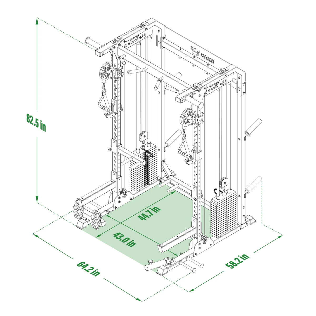 Dimensions for the MAJOR FITNESS F22 Pro All-in-One Home Gym Power Rack