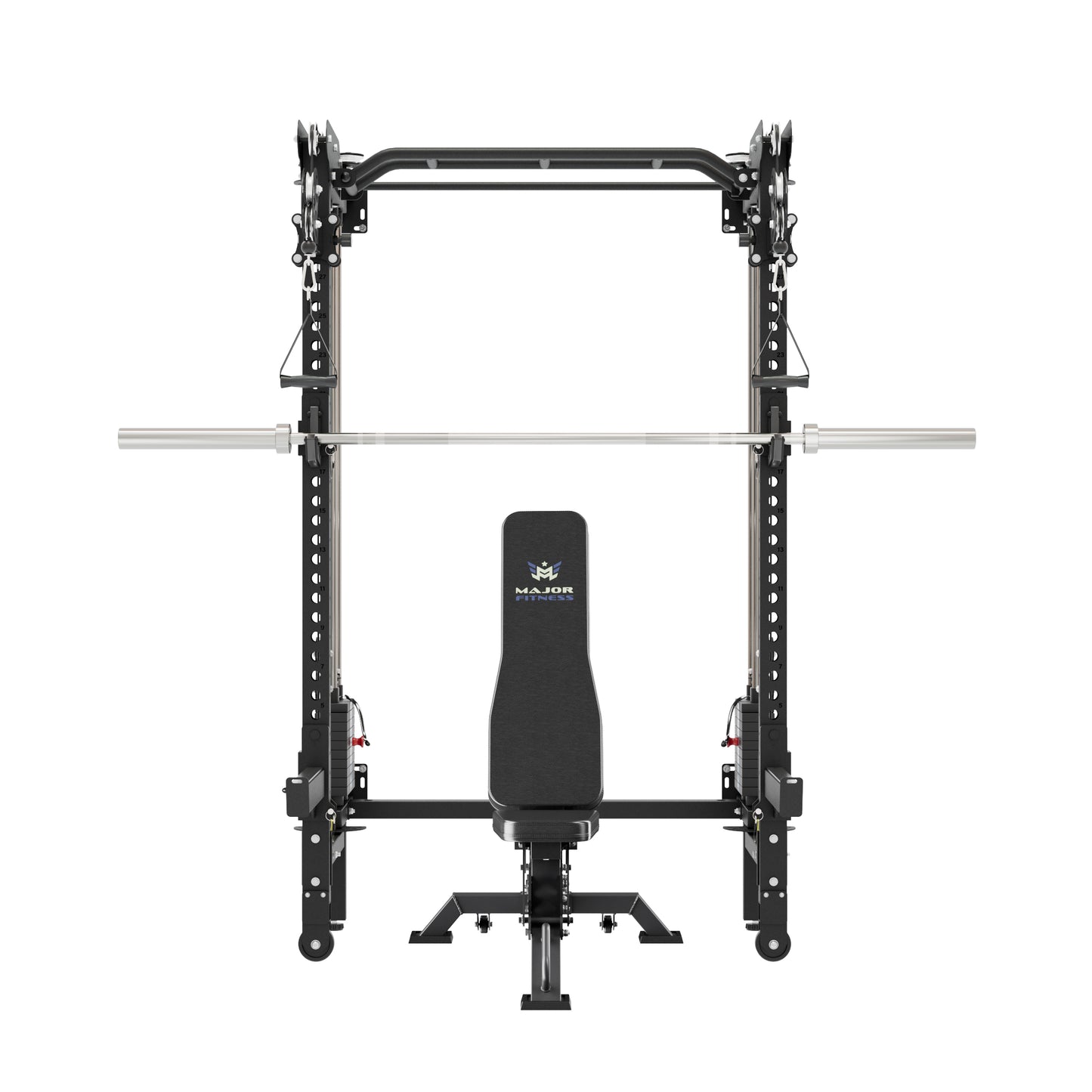 MAJOR FITNESS F35 All-in-One Wall Mount Folding Power Rack Home Gym Deluxe Bundle (Tactical Black) Front View