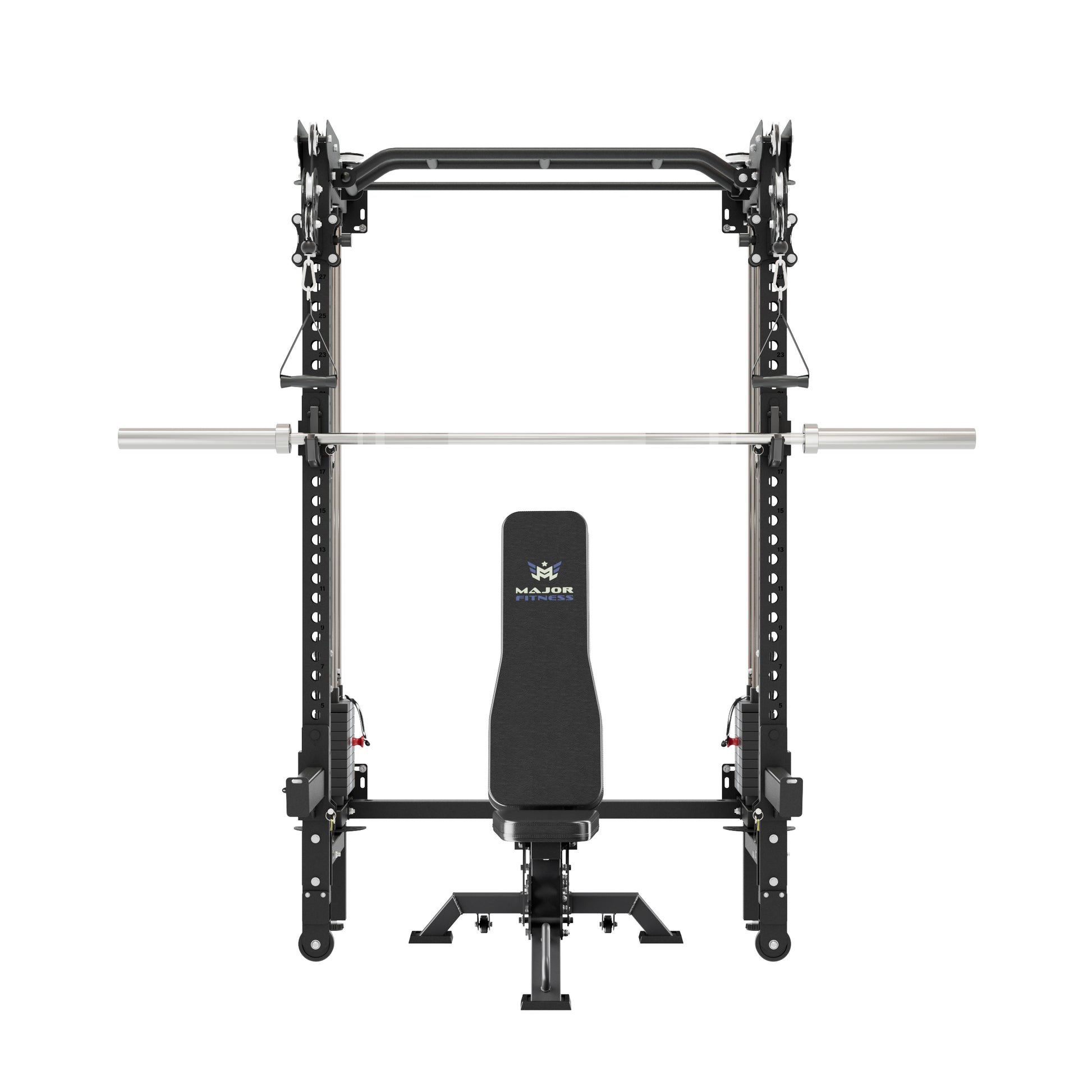 MAJOR FITNESS F35 All-in-One Wall Mount Folding Power Rack Home Gym Deluxe Bundle (Tactical Black) Front View