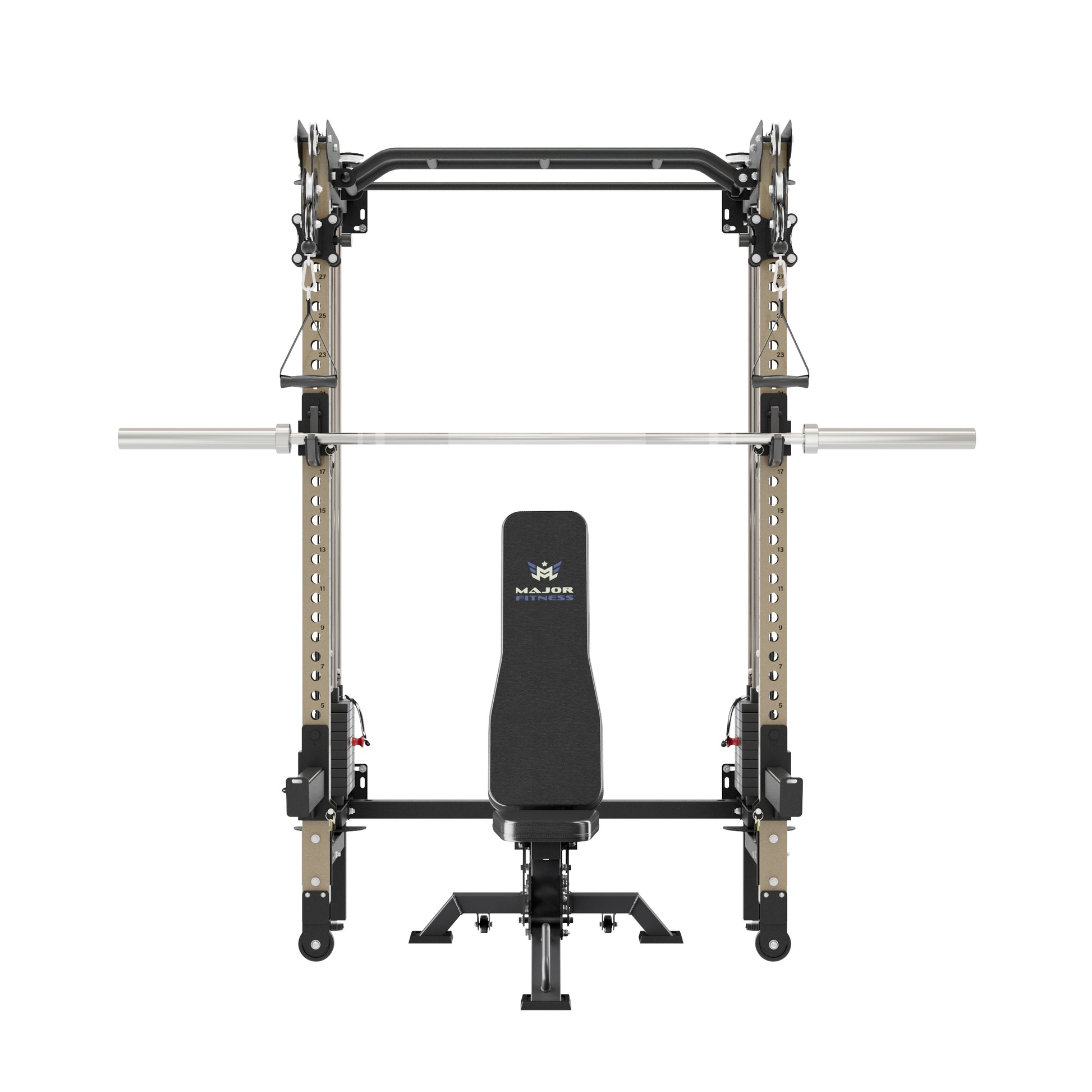 MAJOR FITNESS F35 All-in-One Wall Mount Folding Power Rack Home Gym Deluxe Bundle (Recon Desert) Front View