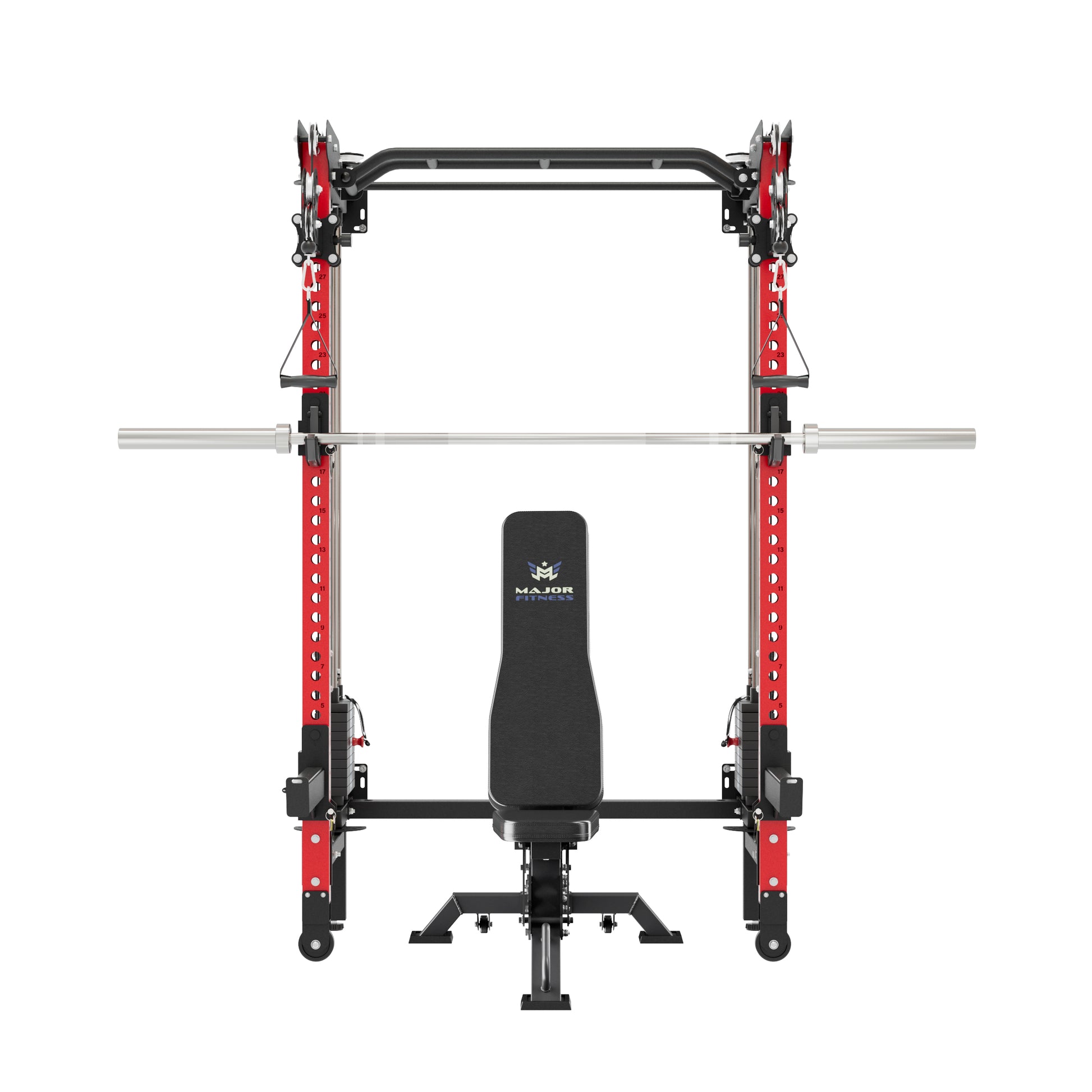 MAJOR FITNESS F35 All-in-One Wall Mount Folding Power Rack Home Gym Deluxe Bundle (Combat Red) Front View
