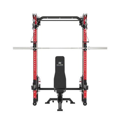 MAJOR FITNESS F35 All-in-One Wall Mount Folding Power Rack Home Gym Deluxe Bundle (Combat Red) Front View