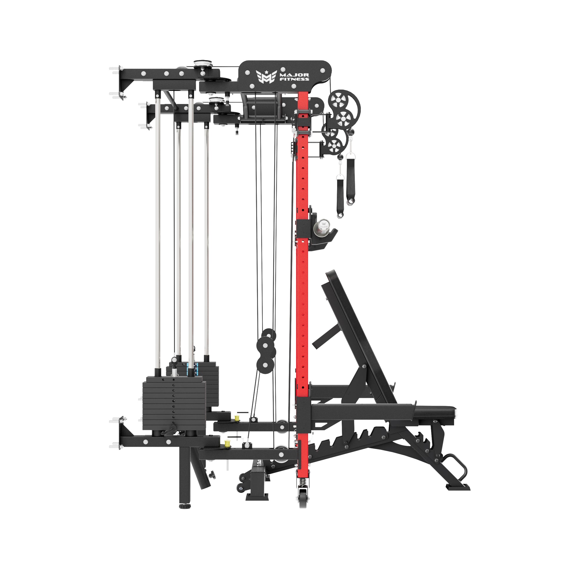 MAJOR FITNESS F35 All-in-One Wall Mount Folding Power Rack Home Gym Deluxe Bundle (Combat Red) Side View