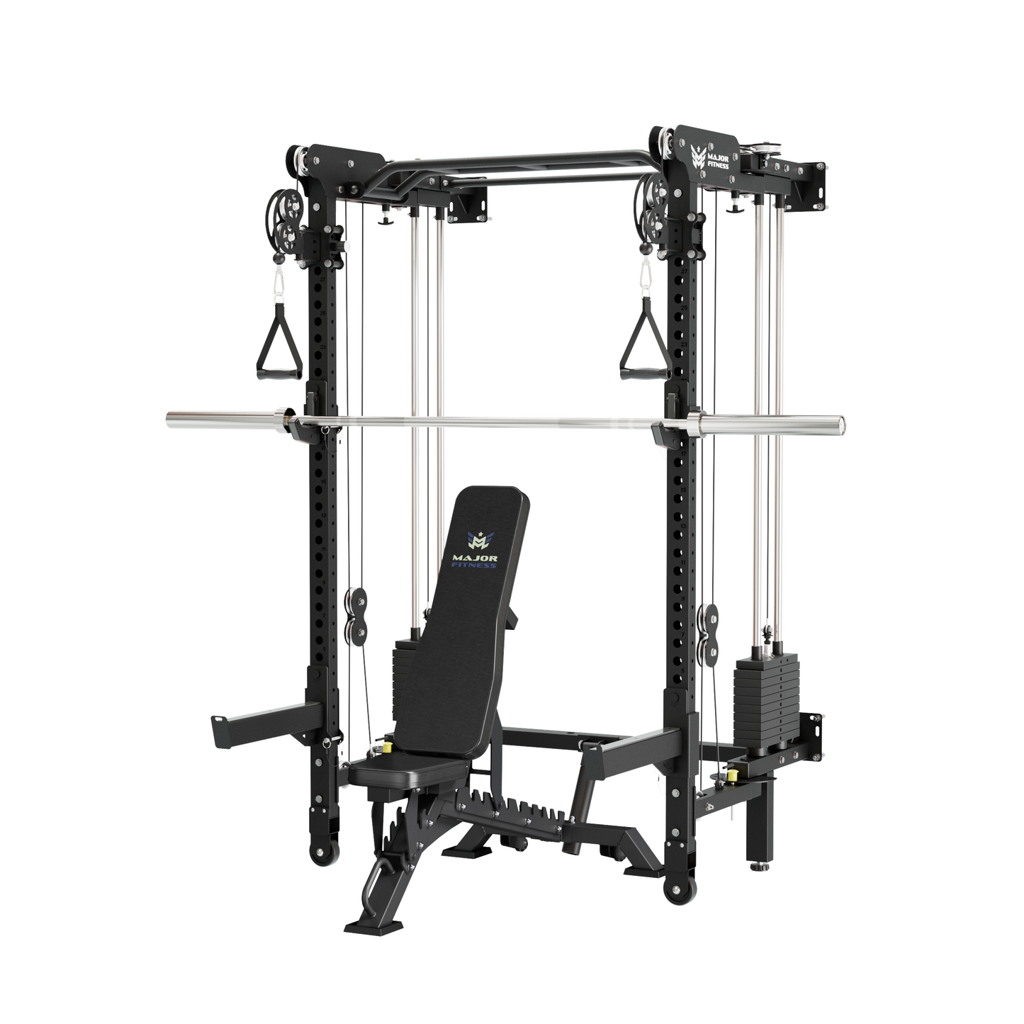 Major Fitness F35 All-In-One Folding Power Rack Home Gym Deluxe Bundle with Barbell, Bench & 320LB Weight Plates Set | Tactical Black