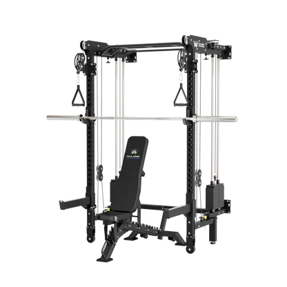 Major Fitness F35 All-In-One Folding Power Rack Home Gym Deluxe Bundle with Barbell, Bench & 320LB Weight Plates Set | Tactical Black