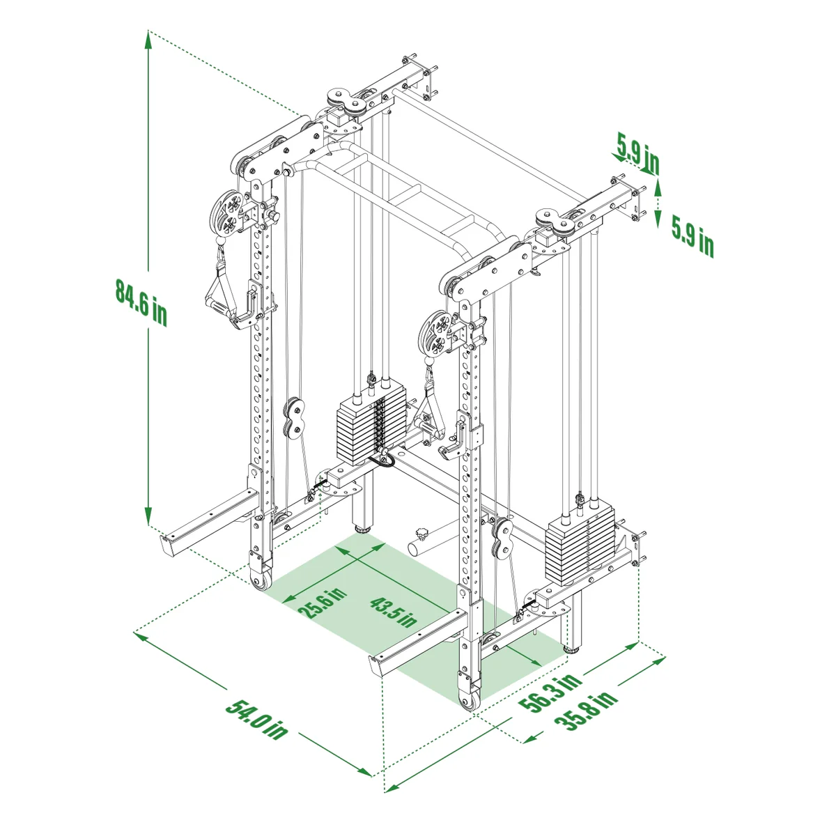 Dimensions for the MAJOR FITNESS B52 All-in-One Wall Mount Folding Power Rack for Home Gym