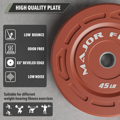 Major Fitness Color Grip Low Bounce Bumper Plates Olympic Weight Plates - 320LB Set (2 x 10LB, 2 x 25LB, 2 x 35LB, 4 x 45LB)