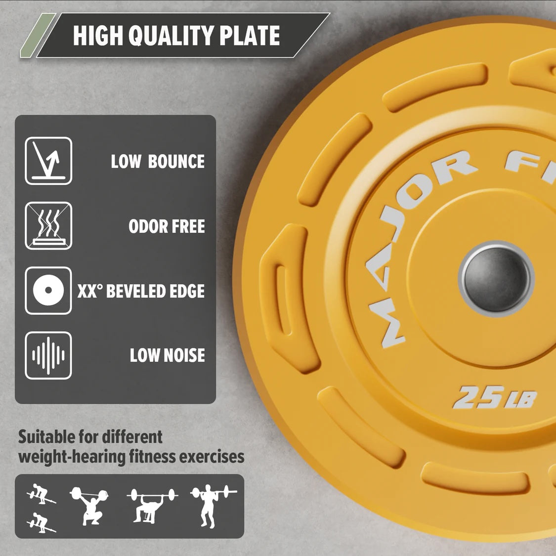 Major Fitness Color Grip Low Bounce Bumper Plates Olympic Weight Plates - 320LB Set (2 x 10LB, 2 x 25LB, 2 x 35LB, 4 x 45LB)